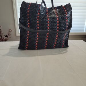 Clare V Black and Red Woven Tote with Vertical Stripes